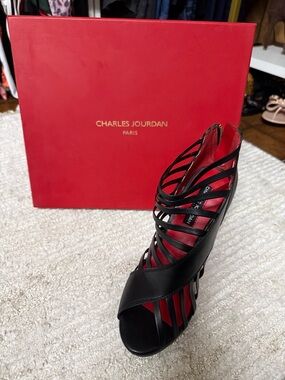 Charles Jourdan Black Strappy Open-Toe Heel with Red Lining